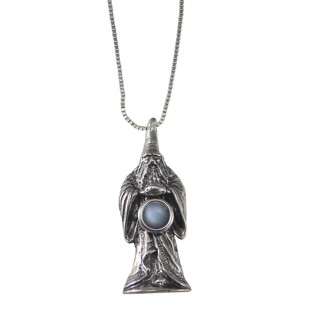 Sterling Silver Wizard of Olde Pendant With Grey Moonstone Magic Orb